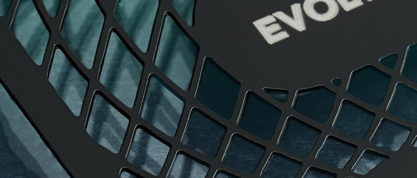 Close up of cut through areas on a black metal business card