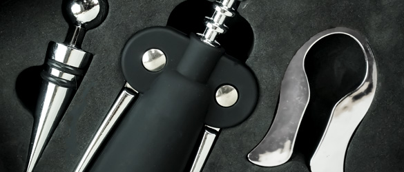 close up of wine tools included in box