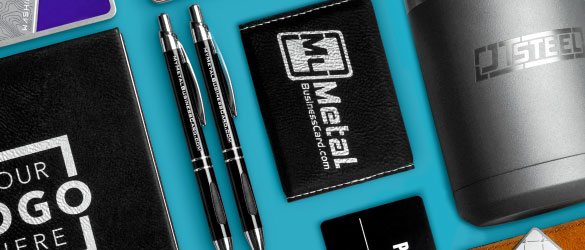 Logos on Tumbler journal pen card holder and other metal products custom made to order