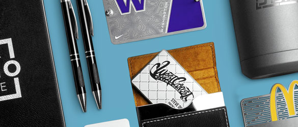 Logos on Tumbler journal pen card holder and other metal products custom made to order
