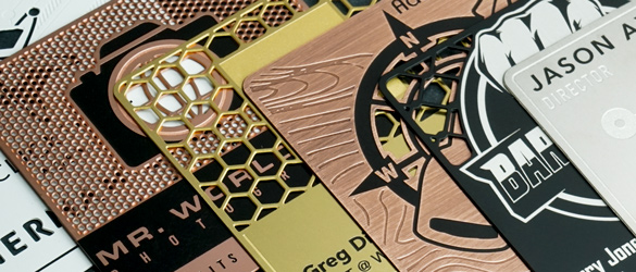 square metal business cards with a number of different surface finishes