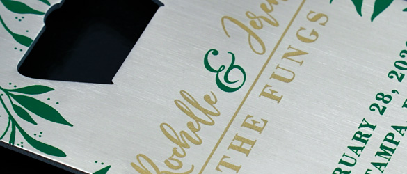 metal bottle opener business card with screen printed artwork