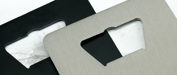 quick metal bottle openers showing stainless steel and black metal finishes